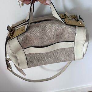 Tory Burch Cream leather and beige fabric shoulder bag